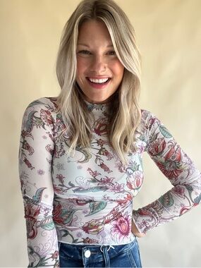 Floral Long Sleeve Sheer Mock Neck Top - Pink Green Floral